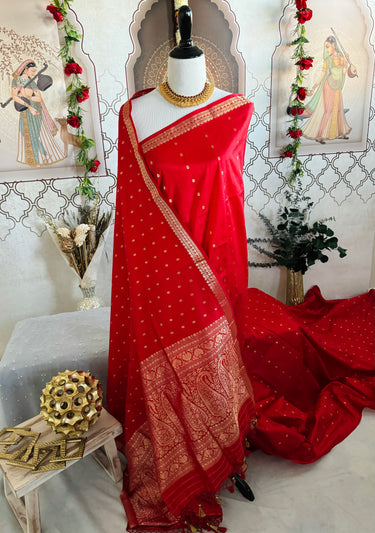 Lightweight Banarasi Katan Silk Saree | Red | Gold Zari | Handwoven | Silk Mark Certified | Ships from California
